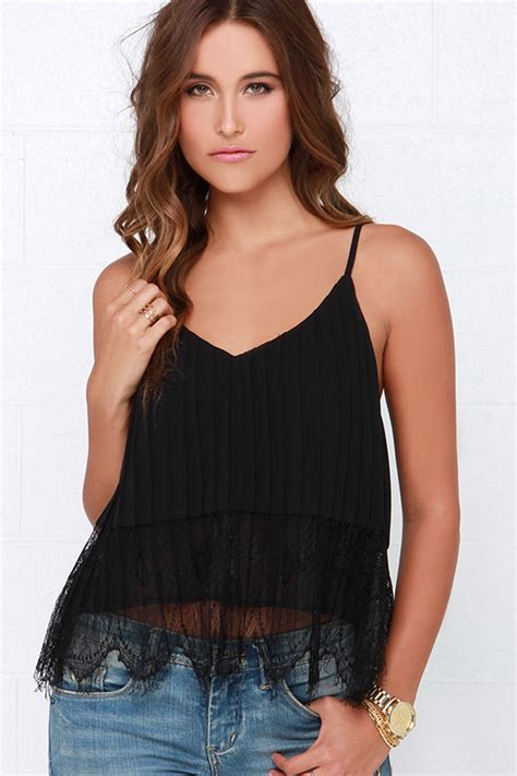 Sexy Black Top Crop Top Lace Top Pleated Top 4100 Lulus