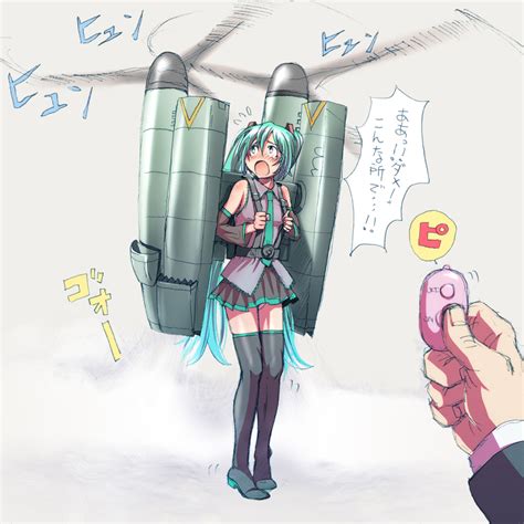 Wokada Hatsune Miku Vocaloid Highres Translated 1girl Aircraft Boots Controller