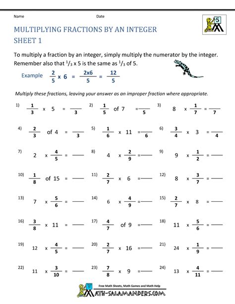 Multiplying Fractions By Whole Numbers Grade 5 Fractions Worksheet