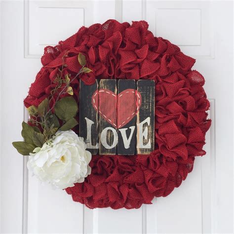 Valentines Red Burlap Wreath With A White By Simplecountryburlap