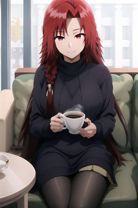 A Woman With Red Hair Sitting On A Couch Holding A Cup Of Coffee In Her