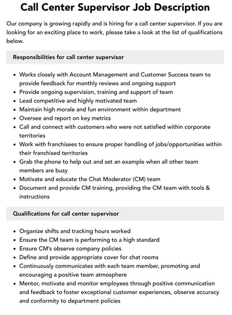 Call Center Supervisor Job Description Velvet Jobs
