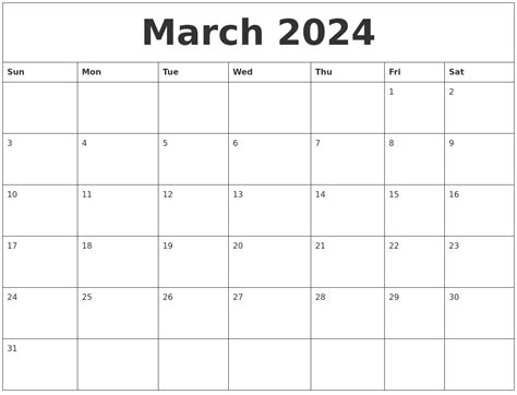 March 2024 Free Printable Blank Calendar