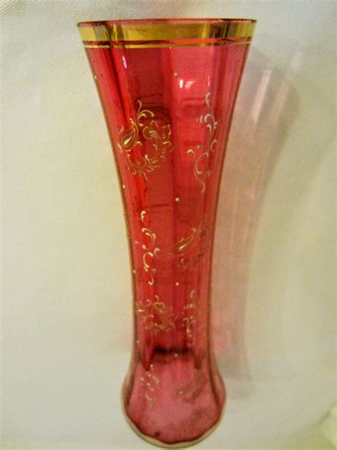 Monumental Bohemian Pink Glass Vase Gold Flowers Enameling Rim Designer Unique Finds