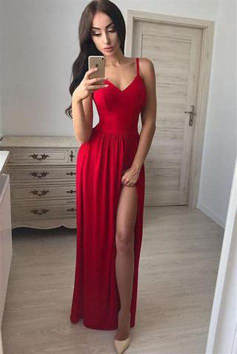 Sexy Tight Red V Neck Front Split Simple Casual Long Prom Dress Ombreprom