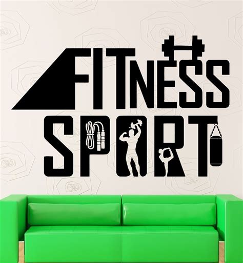 A Wall Decal With The Words Fitness Sport And A Man Doing Exercises On It