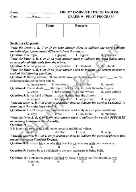 Test 15 Minutes English Grade 9 Esl Worksheet By Dongochieu81