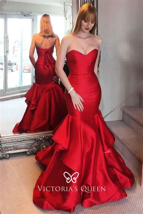 Lustrous Red Satin Strapless Mermaid Layered Prom Dress Vq