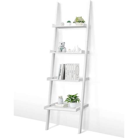 Sonefreiy White Ladder Shelf Wooden 4 Tier Bookshelf Wall Leaning