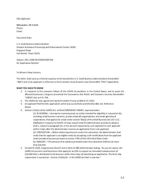 Fillable Online Sample Sba Reconsideration Letter For Eidl Loan Fax