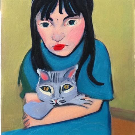 Little Blue Hair Girl With A Cat Sad Oil Painting Arthubai