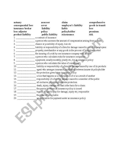 Many times it has a lot of fat, salt and sugar. Insurance vocabulary - ESL worksheet by thuybot
