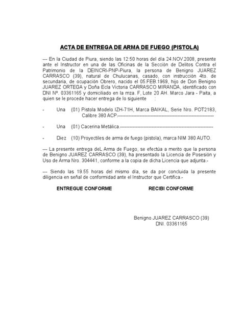 Acta De Entrega De Vehiculo Brazos Cortos Herramientas
