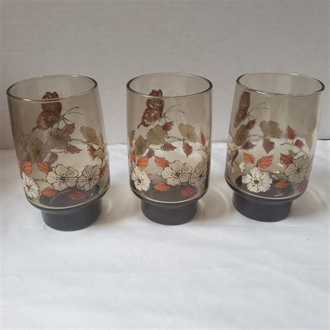Vintage 1970s Libbey Smoke Drinking Glasses W Floral Butterfly Etsy