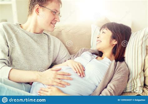 Happy Pregnant Wife With Husband At Home Stock Image Image Of