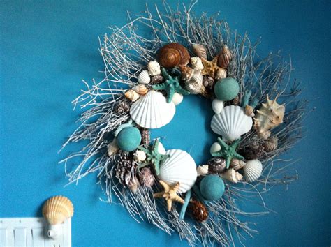 Nautical bathroom shower curtain, starfish and seashells decor bath curtain 71in. Seashell wreath for Nautical bathroom purchased at Pier ...