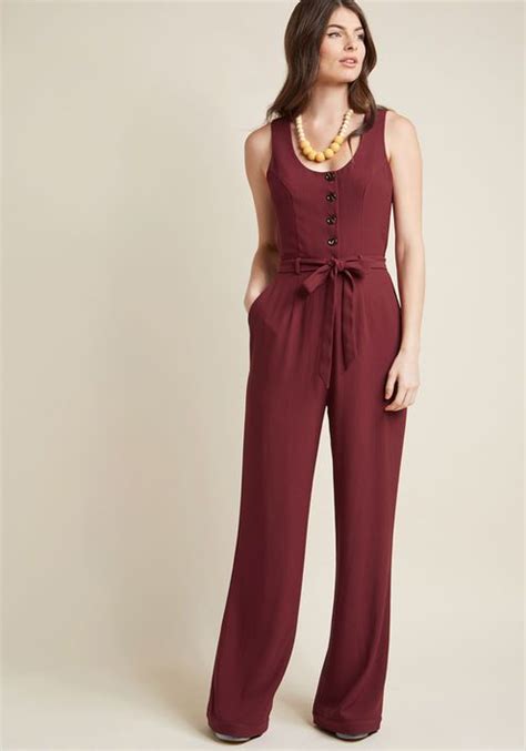 Buttoned Tailored Wide Leg Jumpsuit In Burgundy Jumpsuit Fashion