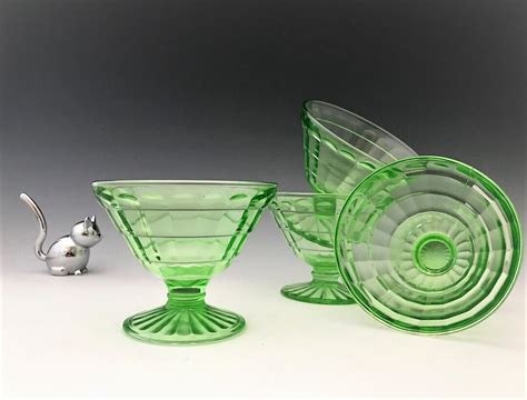 Hocking Glass Block Optic Pattern Set Of 4 Uranium Glass Sherbets Green