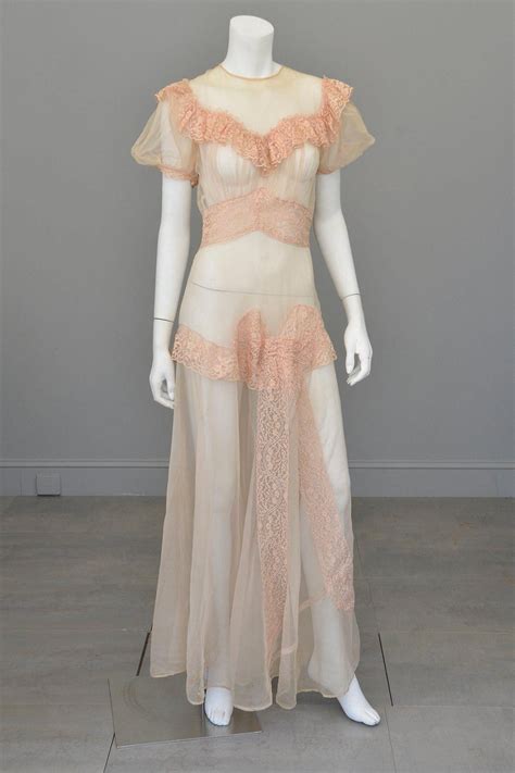 1930s Shell Pink Lace Ruffles Puff Sleeves Gown Mesh Netting Resto