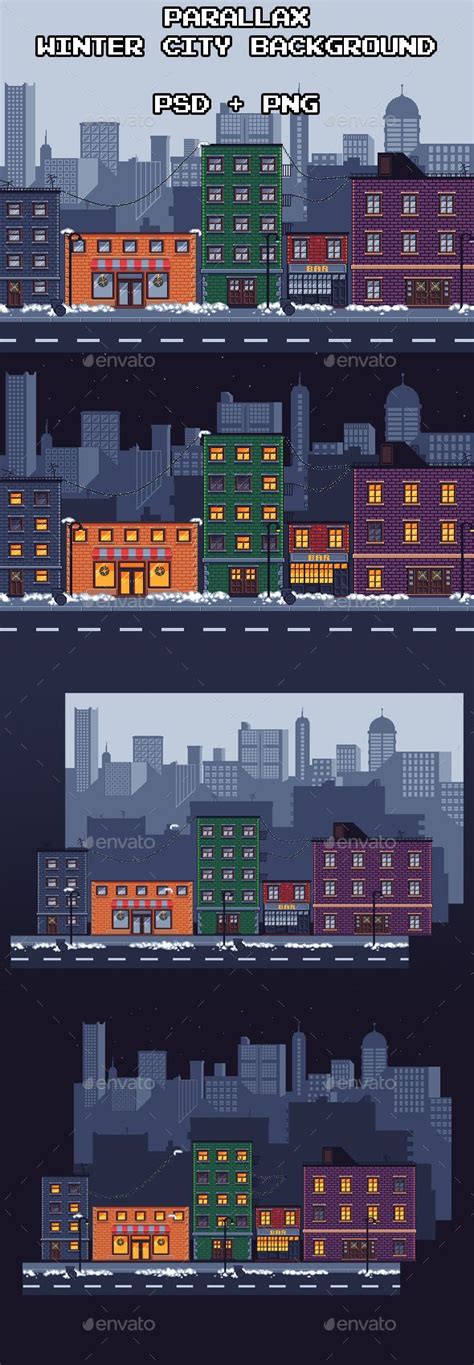 Parallax Winter City Background City Background Winter City Pixel