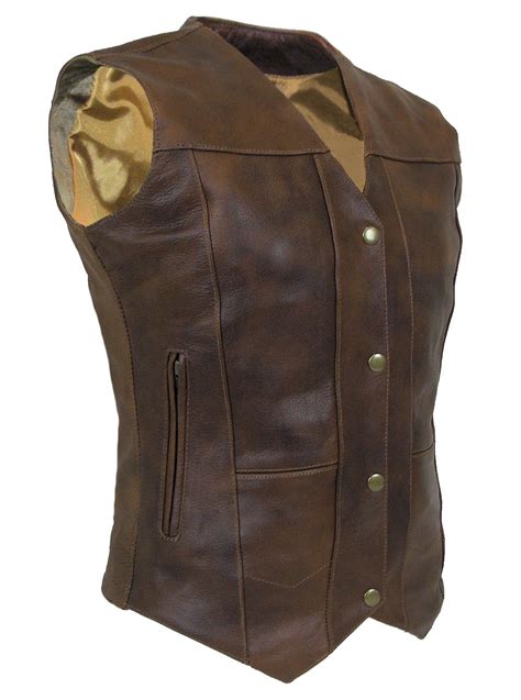 Womens 10 Pocket Brown Buffalo Hide Concealed Carry Leather Vest Wls1