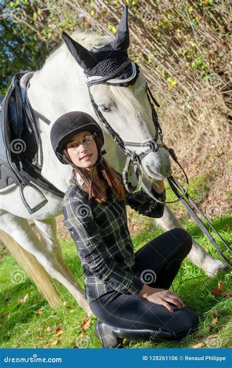 Young Rider Woman With White Horse Stock Photo Image Of People