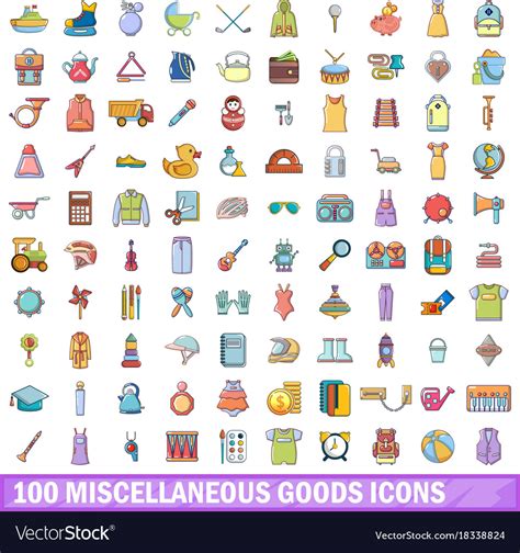 100 Miscellaneous Goods Icons Set Cartoon Style Vector Image