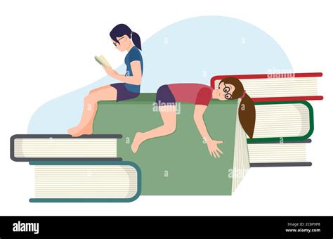 girls sitting and lying on the books and reading a book book lovers day stock vector
