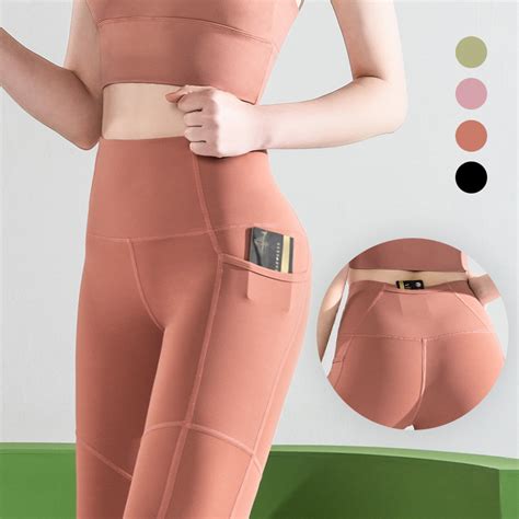 New Yoga Pants Female Spring Pocket Stitching Nude High Stretch Running