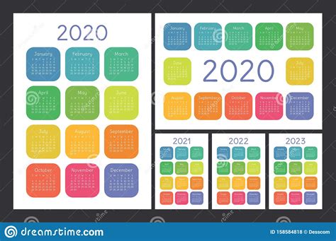 Calendar 2020 2021 2022 And 2023 English Color Vector Set Wall Or