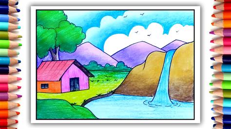 How to draw Simple scenery, Easy village drawing, Scenery ... Also like and comments in vide.