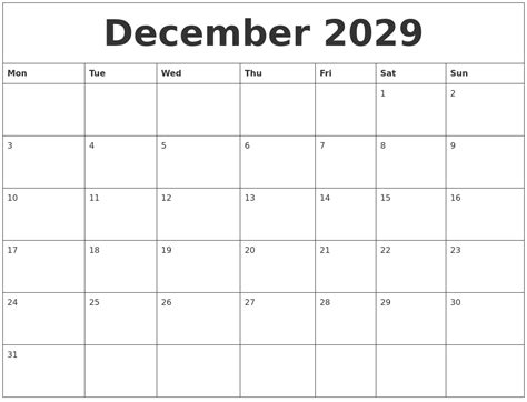 December 2029 Blank Printable Calendars