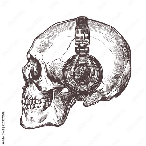 Hand Drawn Human Skull With Headphone In The Profile Vector Sketch