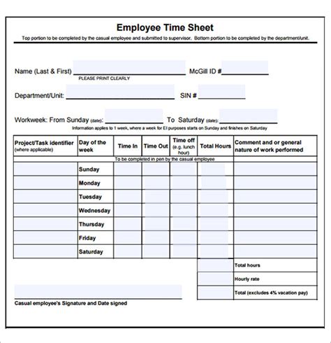 Employee Timesheet Template 8 Free Download For Pdf