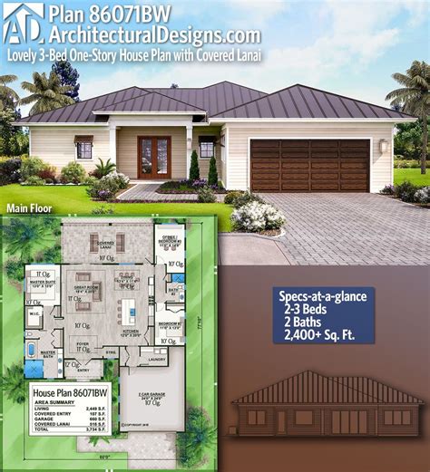 Plan 86071bw Lovely 3 Bed One Story House Plan With Covered Lanai