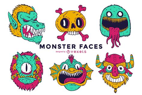 Descarga Vector De Colección Ilustrada De Caras De Monstruos