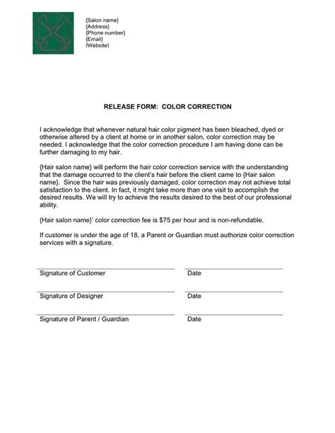 Hair Color Correction Release Form In Word And Pdf Formats