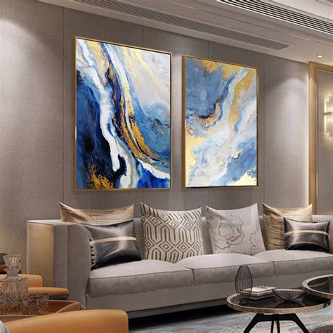 Gold Art Painting Blue Abstract Painting Acrylic Wall Art Wall