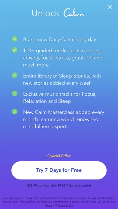 Then i sprang for the lifetime subscription that should tell you a bit of how much i enjoy calm and how much i feel it helps me. How does a free trial through iTunes work? - Calm Help Center