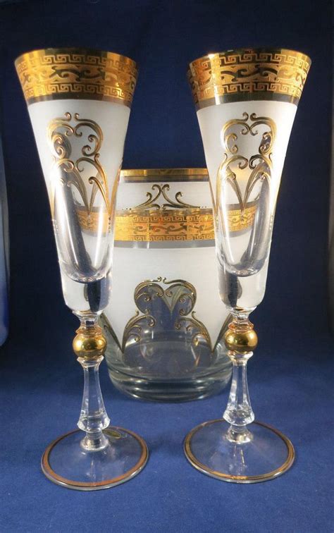 Nike Bohemia Crystal Two Champagne Glasses Flutes And Ice Bucket 24 Kt