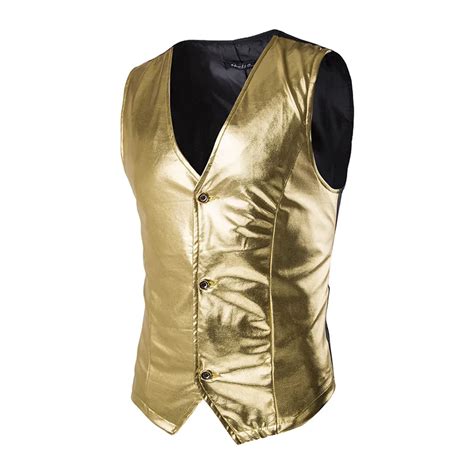 Gold Shiny Vest Men 2018 Brand New Night Club Coated Metallic Mens