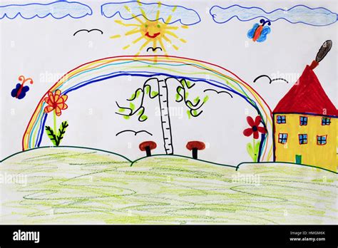 Joy Summer Childrens Drawing With Butterflies Birch House Rainbow And