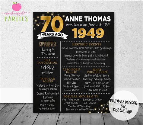 70th Birthday Chalkboard Poster Back In 1949 70 Years Ago Etsy