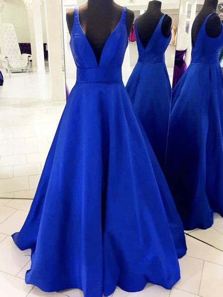 V Neck Royal Blue Satin Prom Dresses Royal Blue Satin Formal Evening