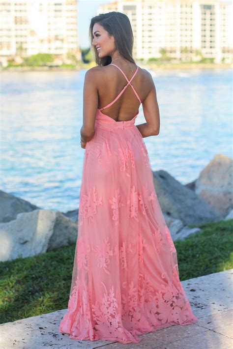 Pink Floral Tulle Maxi Dress With Criss Cross Back Maxi Dresses