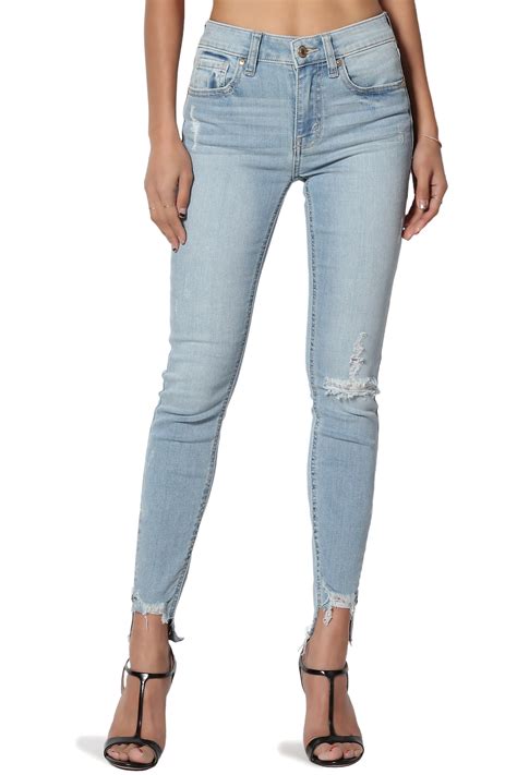 Themogan Women S Distressed Mid Rise Zip Raw Edge Step Hem Cropped Skinny Jeans Walmart Com