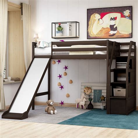 This bed fits a standard twin mattress. Twin Size Loft Bed with Slide and Drawers, Wood Storage Loft Bed Frame with Staircase for Kids ...