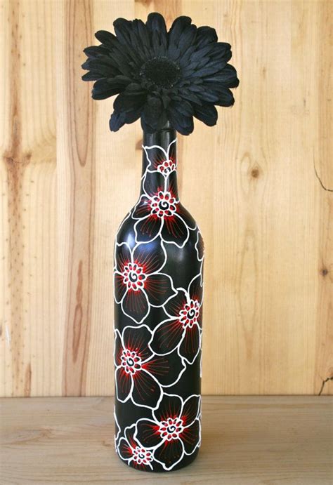 Summer Sale Hand Painted Wine Bottle Vase Black With Red And Etsy