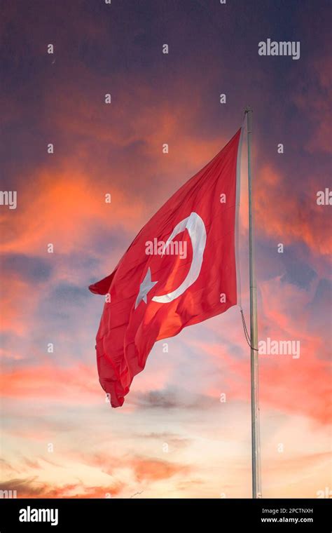 Turkish Flag Turkey National Flag Turkish Flag At Sunset Stock Photo