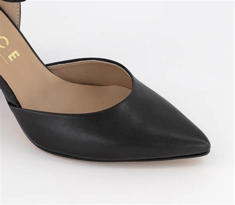 Office Matilda Ankle Strap Court Heels Black Leather Mid Heels